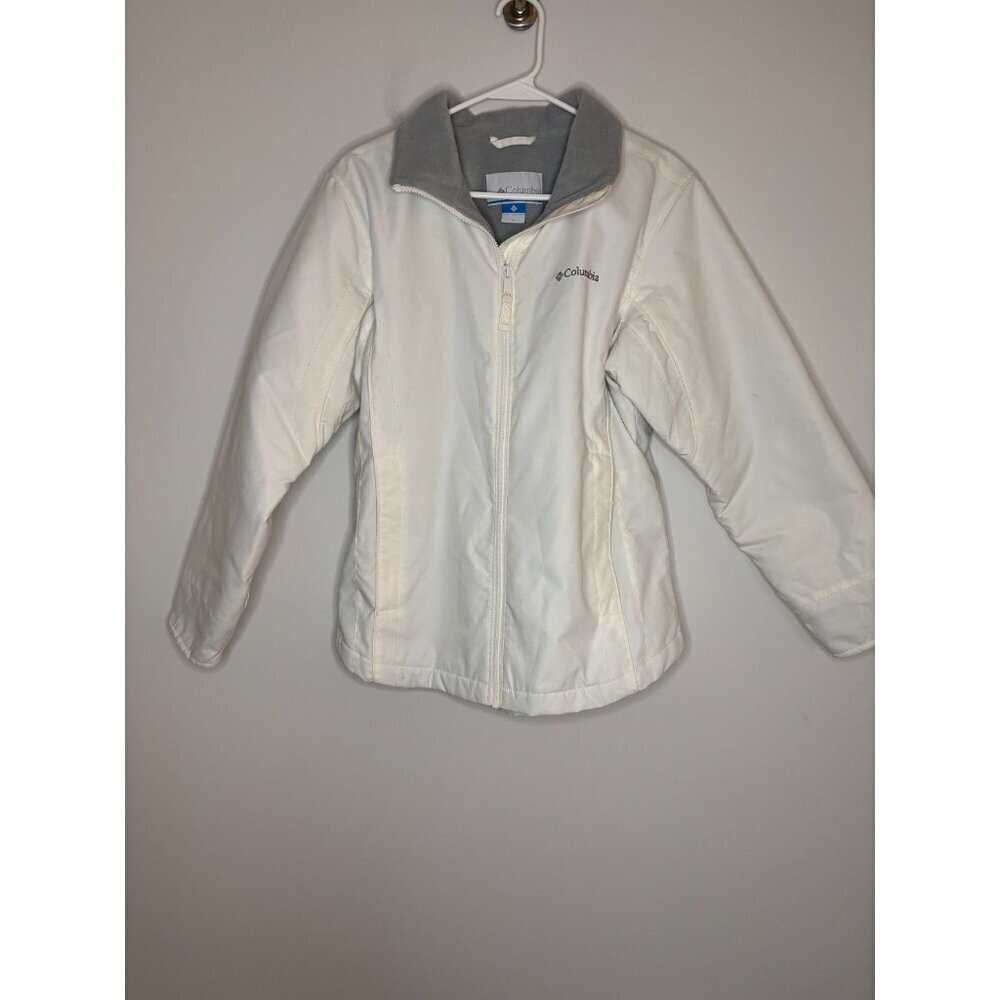 COLUMBIA Soft Shell Jacket Womens S White Gray Fleece Lined Pockets Winter